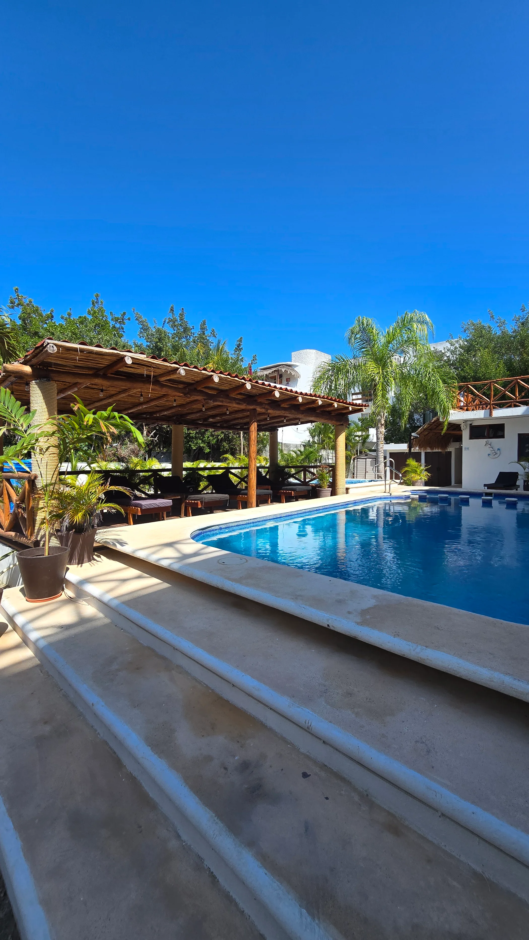 La alberca de Villas Palmar entre palmeras y terrazas de madera